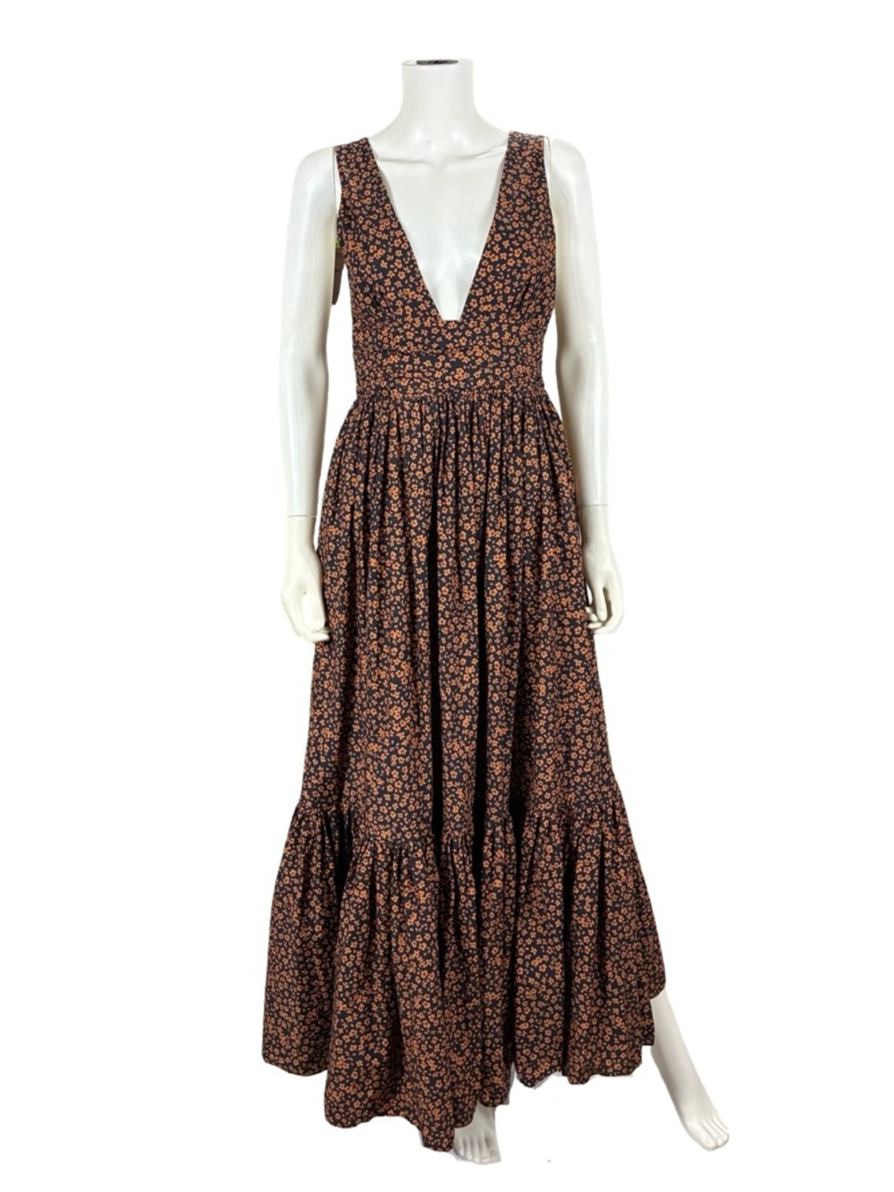 Matteau Tiered Floral Cotton Poplin Plunge Maxi Dress